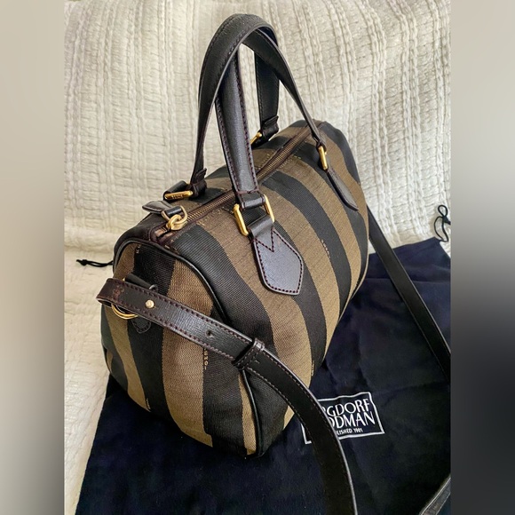 Fendi Handbags - Fendi Bauletto Boston Speedy Pequin Black Golden Brown Crossbody Bag